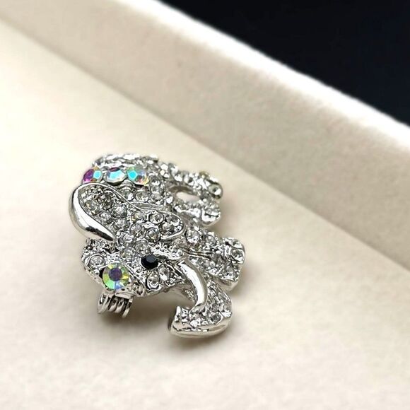 Silver with White Diamond AB and Black Onyx Crystal Elephant Pin Back Brooch - Picture 5 of 7